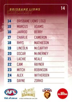 2020 Select Dominance #14 Brisbane Lions Back